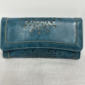 APHISON Womens Wallet RFID Blocking Leather Clutch Teal Blue Sunflower Design